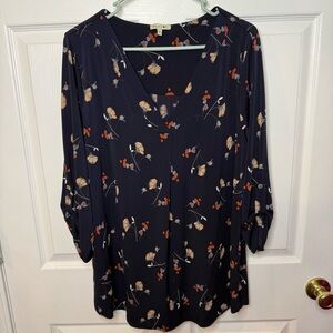Beacon 3/4 Sleeve Blouse Navy with Cream and Red Floral Pattern Size 1X GUC
